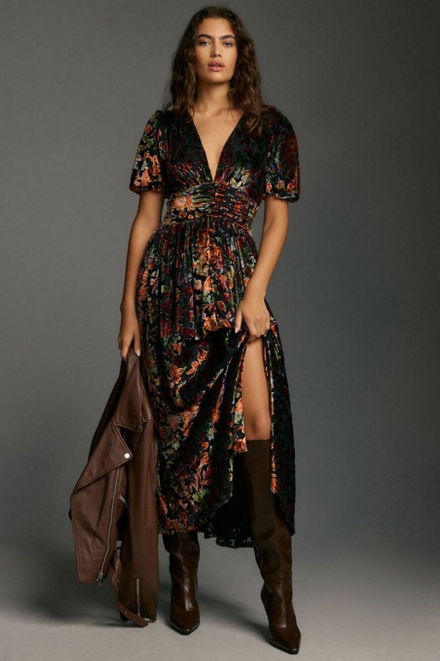 Anthropologie The Katerina Button-Front Dress Velvet Edition Floral Midi Maxi